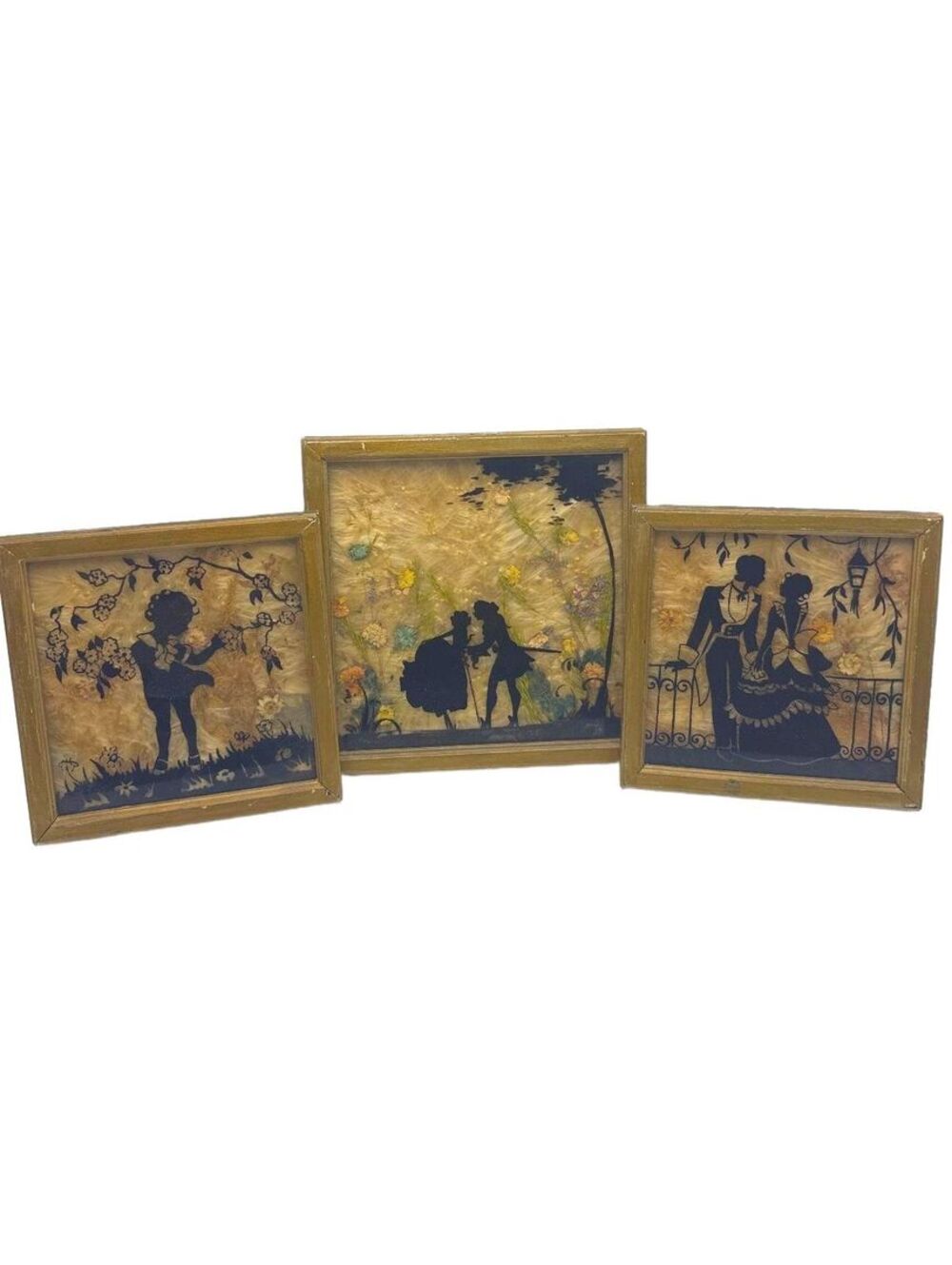 Set of 3 Vintage Framed Silhouette Art Prints with Floral Backgrounds